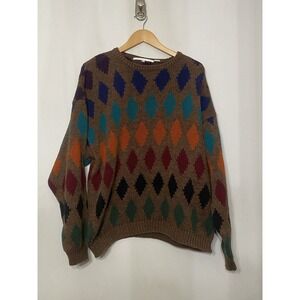 Perry Ellis Sweater Geometric Diamond Knit Heavy‎ Thick Design  Large VTG 1990s